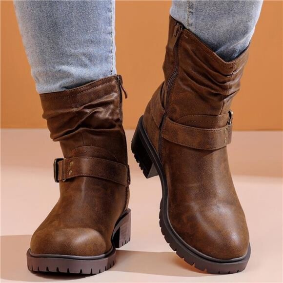 Women\'s Wide Width Ankle Boots - Low Heel Side Zipper Slouchy Mid Calf
